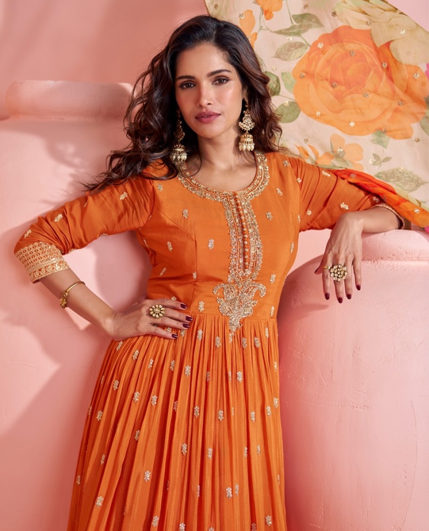 5793 - ORANGE DESIGNER EMBROIDERED PREMIUM CHINON SILK ANARKALI GOWN